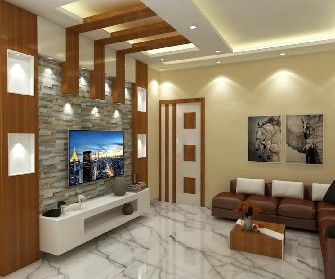 A living room with a wall-mounted television on a stone feature wall, the kind of big screen 8K IPTV with Pixlar8k needs